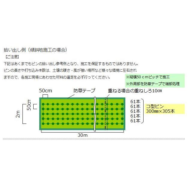 ザバーン防草シート（１ｍ×５０ｍ）１３６グリーンとコ型ピン＋GFワッシャーが各５０個ついたお買い得セットグリーンビスタ｜kenzai-yamasita｜05