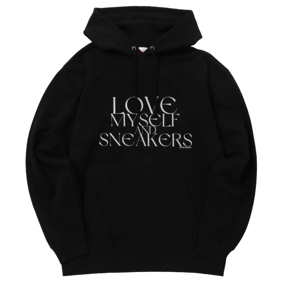 『SNKRGIRL original message hoodie(Black : White logo) 』スニーカーガール オリジナルメッセージパーカー / ブラック(ホワイトロゴ)｜keyoflife-plus-shop