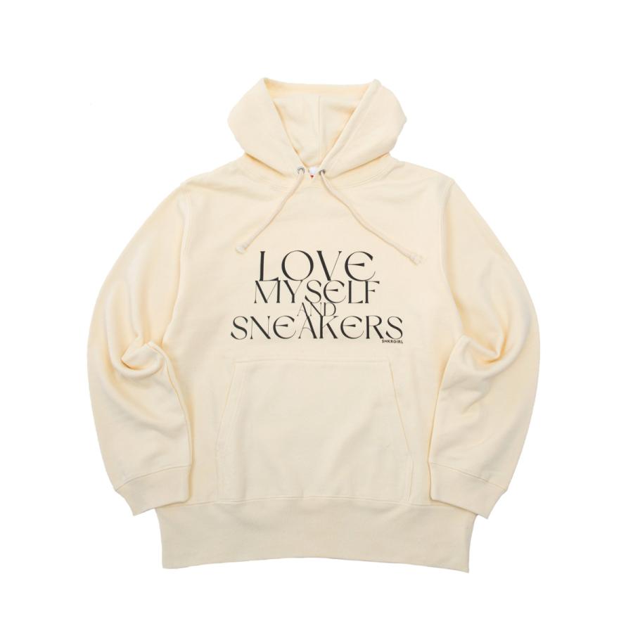 『SNKRGIRL original message hoodie(Black logo) 』スニーカーガール オリジナルメッセージパーカー / ホワイト(ブラックロゴ)｜keyoflife-plus-shop