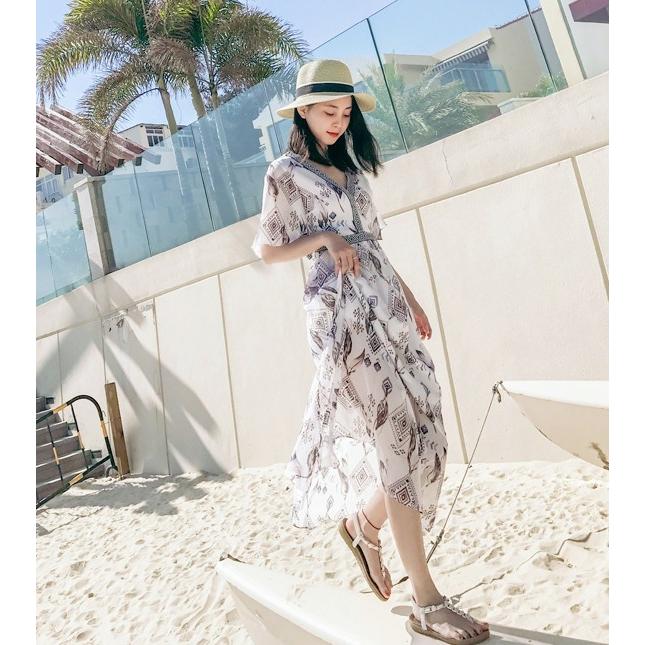 大人かわいい異国風リゾートワンピ シフォンドレス フェミニン マキシ丈 Vネック ボヘミアン Aライン レディース ワンピース Yund Keys Fashion 通販 Yahoo ショッピング