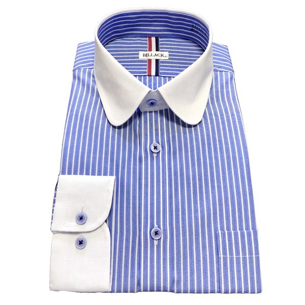 メンズワイシャツ 長袖 形態安定 ブルー ストライプ クレリック ラウンドカラー シャツ ビジネス お洒落着 Kf63 5 かわいい