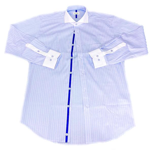 ワイシャツ 長袖 メンズ ドレスシャツ 形態安定 ブルーストライプ クレリック ホリゾンタル ワイドカラー シャツ ビジネス お洒落着 kf2074-4｜kfplan｜05