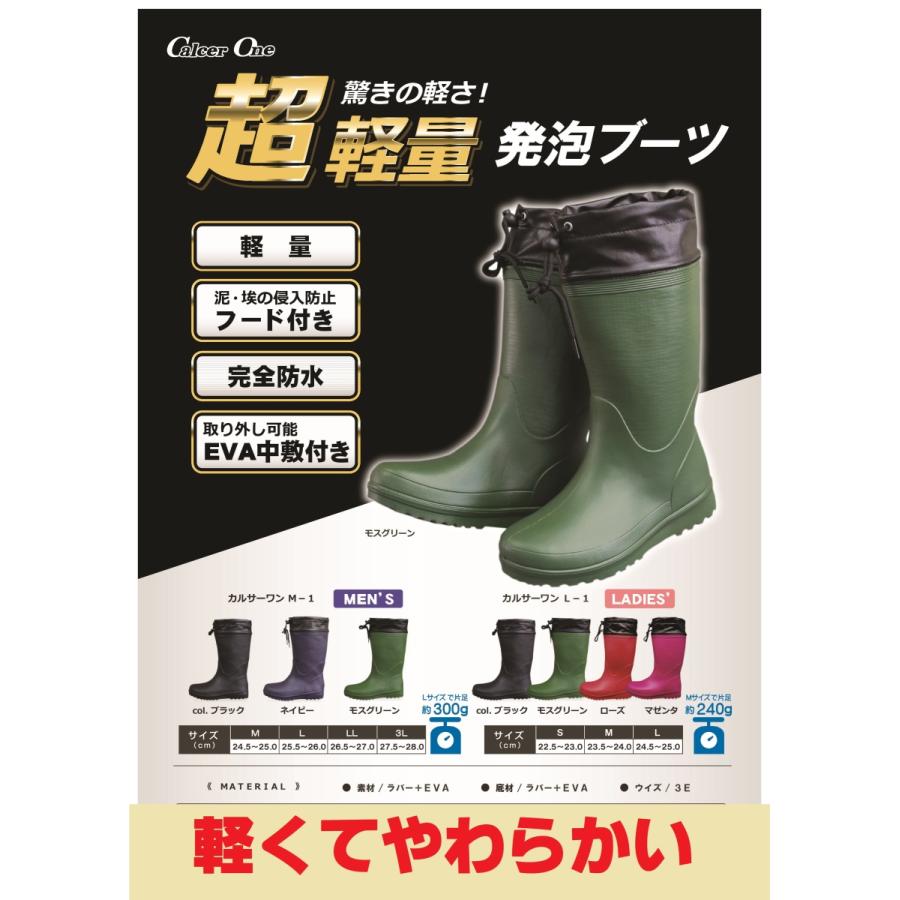 超軽量発砲ブーツ カルサーワン M-1  M、L、LL、3L 24.5〜28 幅広3E フード付 完全防水 EVA中敷付き 長靴 福山ゴム 紳士 MEN'S 男性｜kgsyoukai｜02