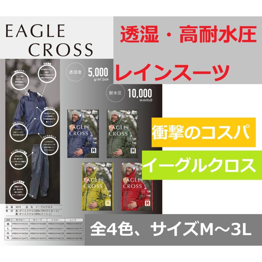 透湿レインスーツ イーグルクロス 川西工業 3674 Ｍ，Ｌ、ＬＬ、3Ｌ ネイビー オリーブ イエロー レッド 耐水圧10,000 透湿性5,000 レインウェア カッパ 合羽｜kgsyoukai