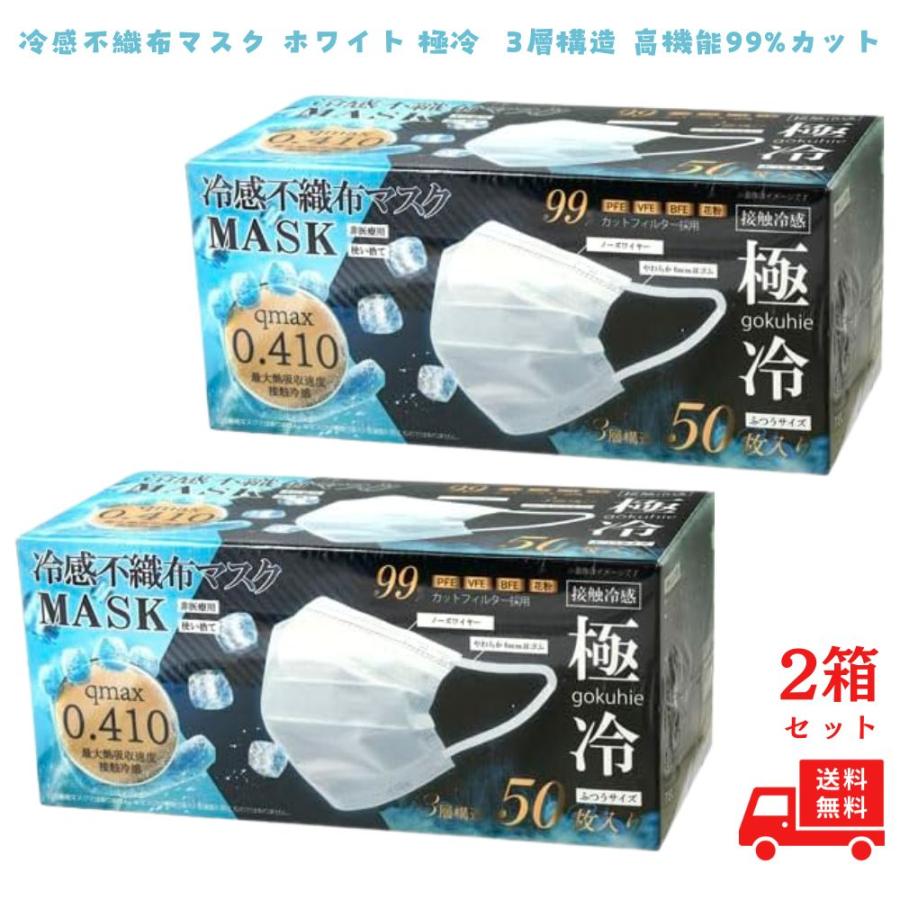 冷感マスク 不織布 50枚 夏用 大きめ 小さめ マスク 冷感 ヒロコーポレーション 極冷 夏用 大きめ 3層構造 極冷 冷たい 接触冷感 ひんやり ふつう 2個（Yahoo!・スオスダイ ヤフー店）