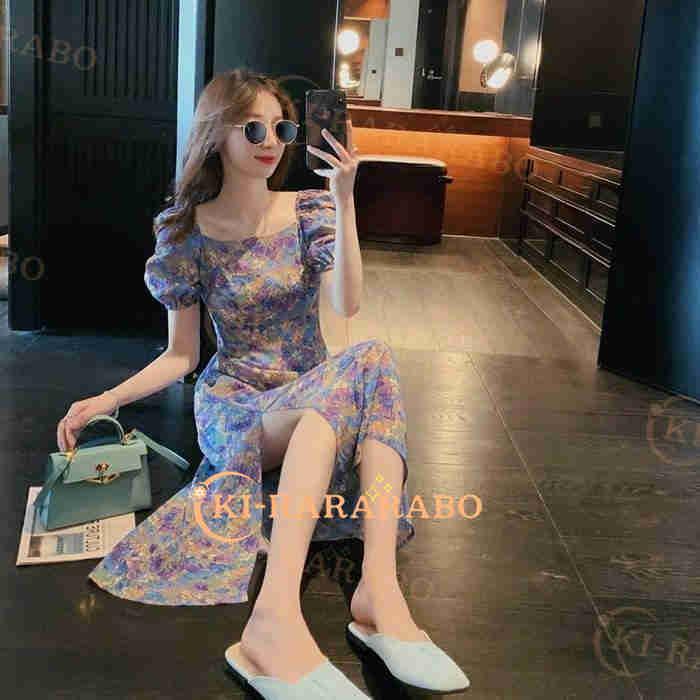 人気ブランドの新作 ワンピース オシャレ韓国風 パフスリーブ お出かけ きれいめ 結婚式 ゆったり 花柄スリットスカート 半袖ワンピース 春夏 マキシ ワンピース 40代 レディース ワンピース サイズ 2xl Sustentec Com Br