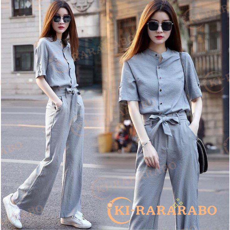 セットアップ レディース ストライプ ガウチョパンツ 半袖シャツ 2点セットブラウス カジュアル 体型カバー 大きいサイズ 春夏 品質満点