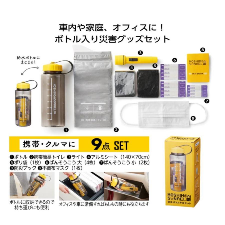 【48個セット】モシモニソナエル 防災ボトル9点セット 防災セット 携帯トイレ 救急用品 衛生用品セット 防災ノベルティ 来場プレゼント 車載 災害対策_1