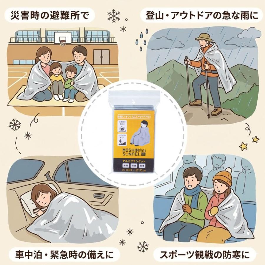 【240個】モシモニソナエル　アルミブランケット 防災 大判 軽量 コンパクト 非常用 アウトドア 車中泊 防寒 災害対策 防災イベント 粗品 非常時 備蓄_4