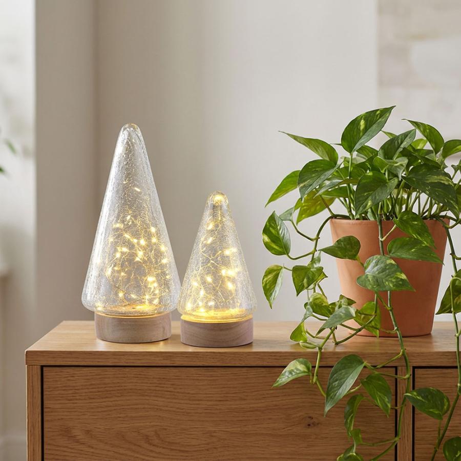 クラックガラス LEDランプ 卓上ライト 電池式 三角錐 木製土台 ガラス