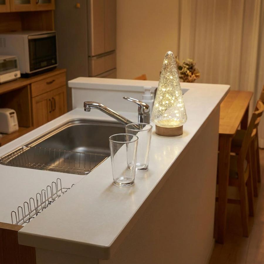 クラックガラス LEDランプ 卓上ライト 電池式 三角錐 木製土台 ガラス