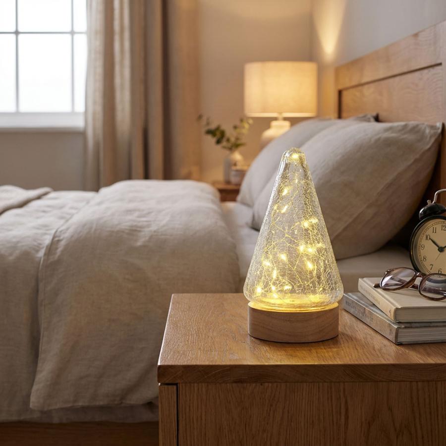 クラックガラス LEDランプ 卓上ライト 電池式 三角錐 木製土台 ガラス