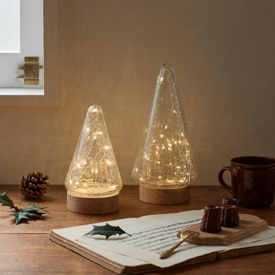 クラックガラス LEDランプ 卓上ライト 電池式 三角錐 木製土台 ガラス