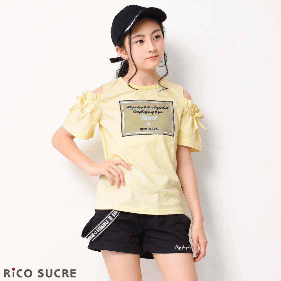 子供服 女の子 半袖Tシャツ 袖シャーリング リボン オフショルダー 肩出し 肩あき 130cm 140cm 150cm 160cm 165cm 1点のみメール便対象 送料無料｜kids-shushu｜04