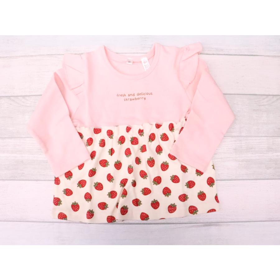長袖 Tシャツ 80cm 90cm 95cm 綿100％ いちご チュニック 総柄 フリル 