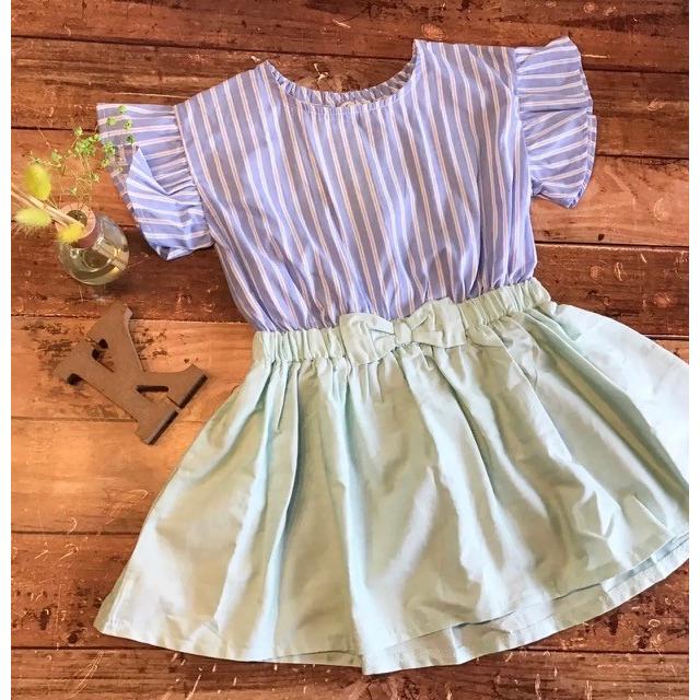 子供服 女の子 キッズ 100cm 110cm 1cm 130cm 140cm ワンピース ストライプ リボン フレンチスリーブ ブルー ミント キッズ バード 通販 Yahoo ショッピング