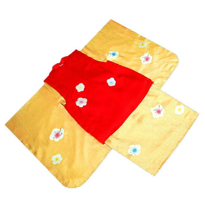 七五三着物 3歳 正絹 753 被布セット 手絞り＆手描染 梅花柄 日本製赤