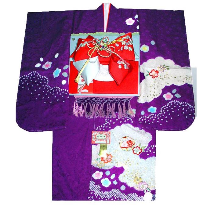 七五三 着物 7歳着物 753 正絹 フルセット 手絞り 手描き友禅 刺繍マリに桜柄 紫 正絹帯小物セット日本製 :7s