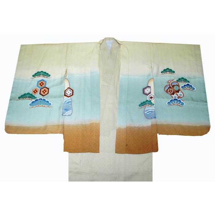 七五三着物 5歳高級正絹羽織 正絹袴のフルセット 兜柄クリーム 日本製 