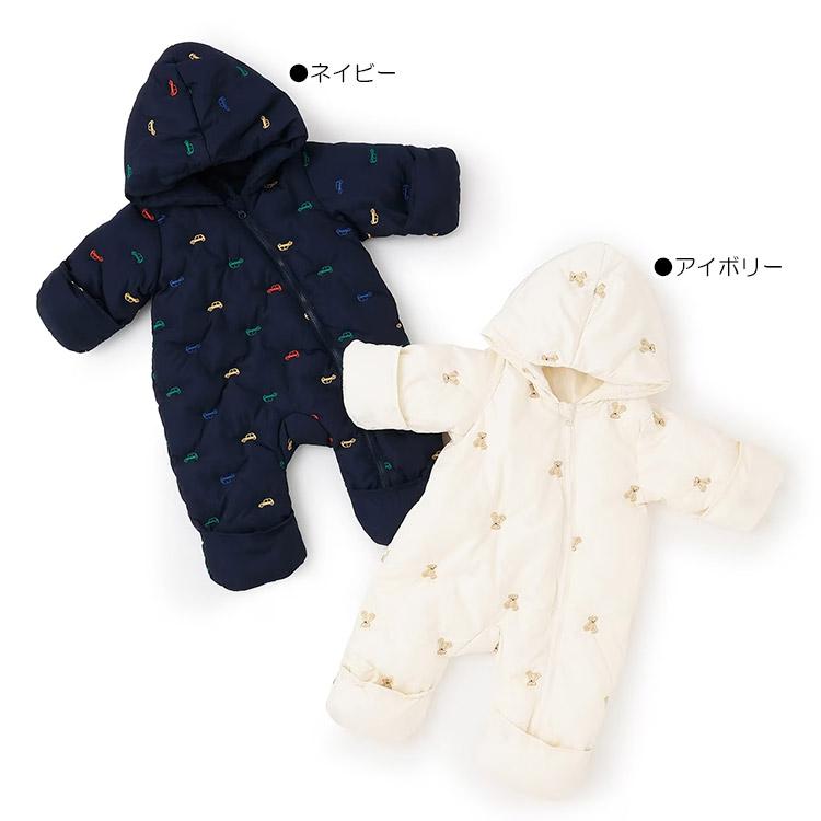 petit main 車・くま柄刺繍 中綿ジャンプスーツ プティマイン ベビー