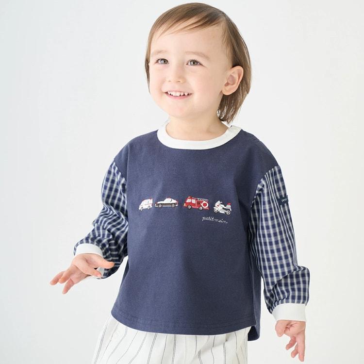 petit main 働く車 袖布帛 長袖 Tシャツ ロンT 男の子 女の子 キッズ
