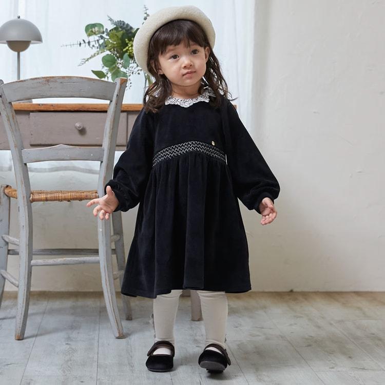 petit main 30％OFFセールベロアレースワンピース 長袖 プティマイン