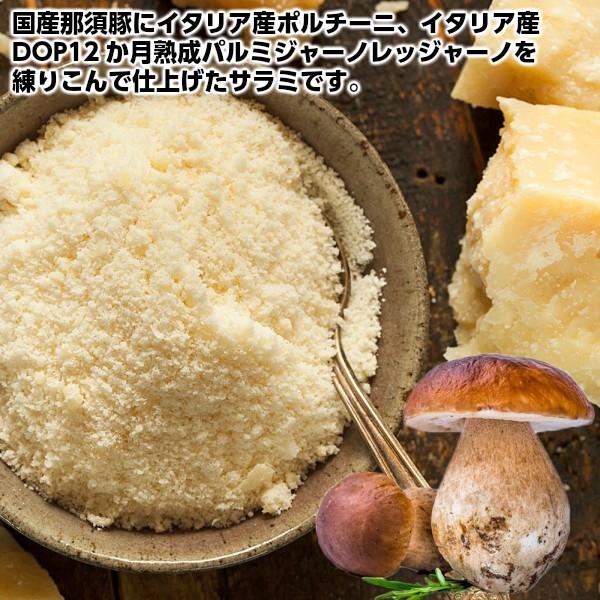 新鮮な那須豚にイタリア産ポルチーニとDOP12か月熟成パルミジャーノレッジャーノを入れて白カビで熟成させたサラミ