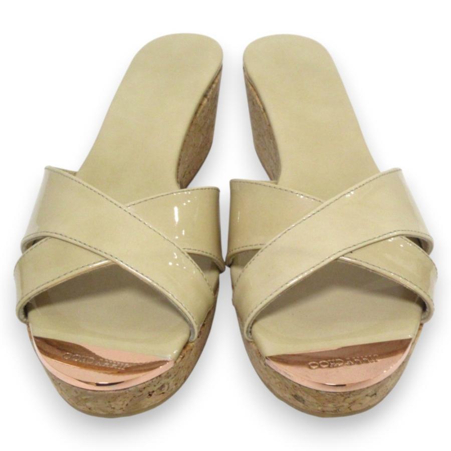 【美品】ジミーチュウ　ミュール　ベージュ　サンダル　コルク　パテント 美品】ジミーチュウ ミュール ベージュ サンダル コルク