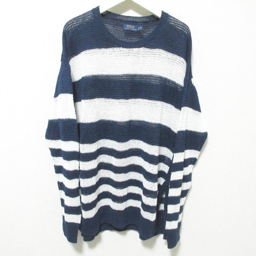 POLO RALPH LAUREN - 美品 POLO RALPH LAUREN ポロラルフローレン ボーダー柄 リネン100％ サマーニット プルオーバー セーター XL ネイビー×ホワイト レディース 古着 中古 USED POLO RALPH LAUREN 美品 ポロラルフローレン ボーダー柄 リネン