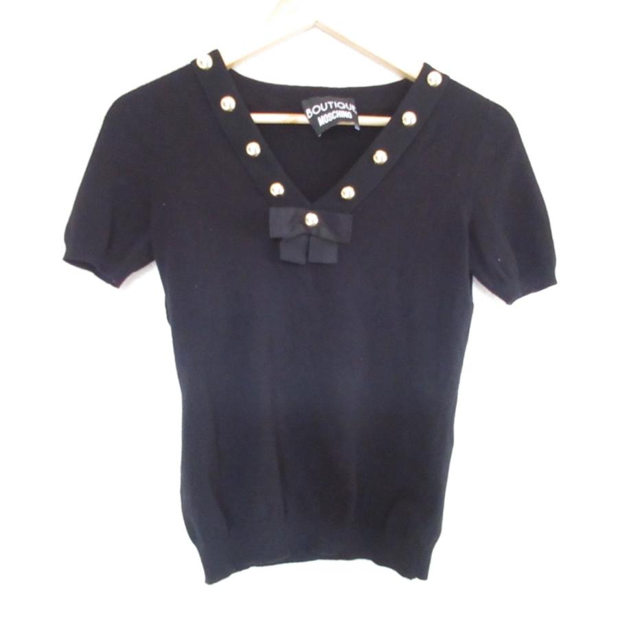美品 BOUTIQUE MOSCHINO モスキーノブティック Vネック リボン 半袖 ニットカットソー 34 ブラック レディース 古着 中古 USED MOSCHINO（モスキーノ） 美品 BOUTIQUE MOSCHINO モスキーノブティック