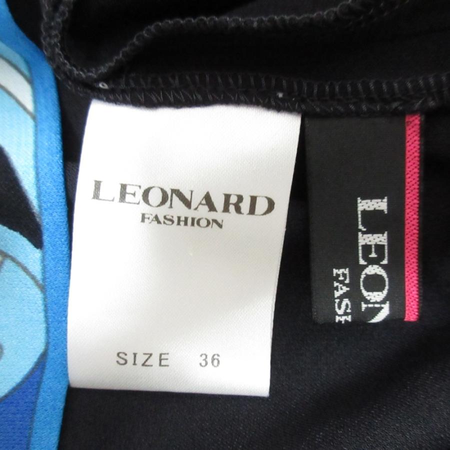 美品 レオナール カンカンワンピース フラワートリム 38 ウエストゴム 濃紺 LEONARD（レオナール） 美品 カンカン素材 フラワープリント トリム