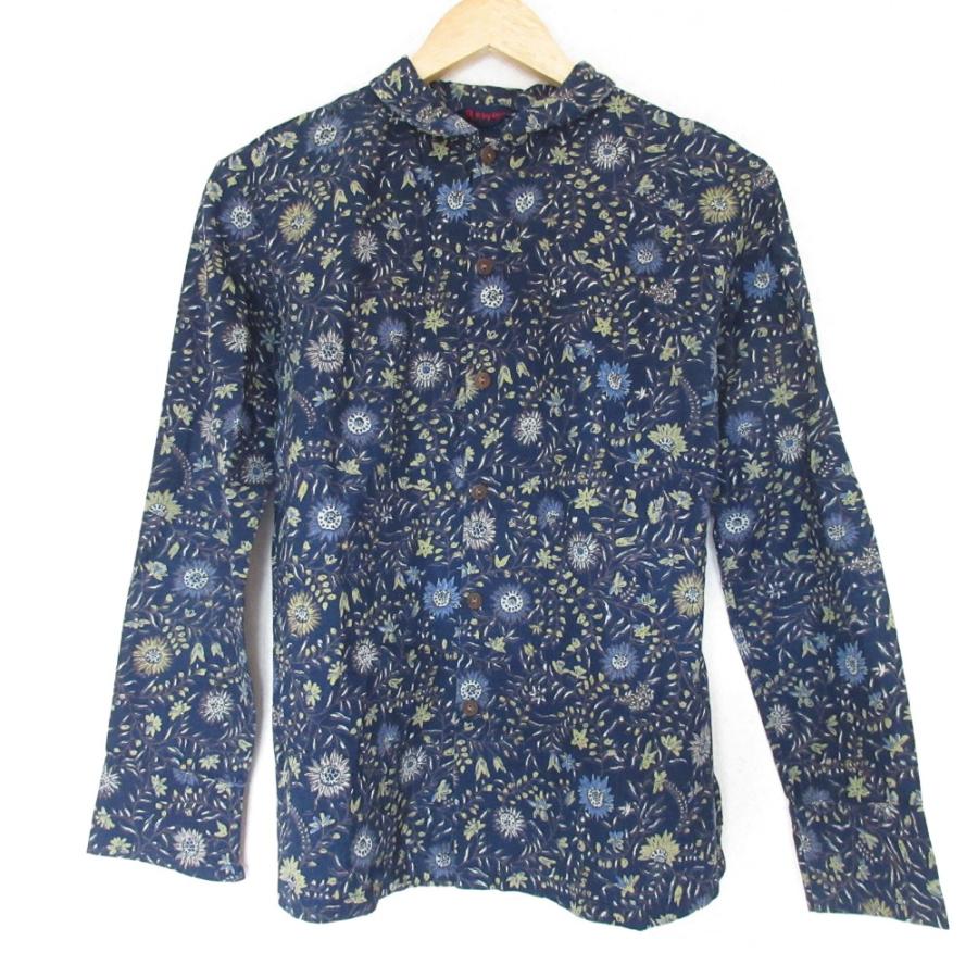 美品 45R 藍ざっくりネルのフリルTシャツ プルオーバー コットン