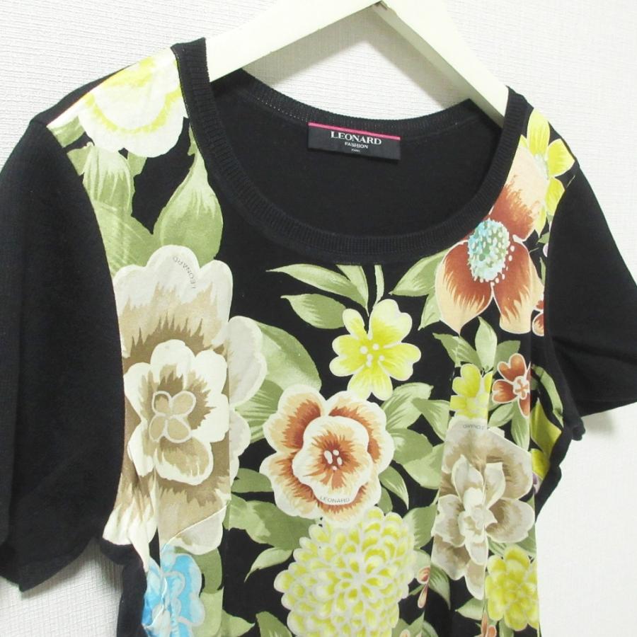 美品 LEONARD レオナール フラワープリント ショートスリーブ ニット サマーセーター LL ブラック マルチカラー レディース 古着 中古 USED LEONARD（レオナール） 美品 フラワープリント ショートスリーブ