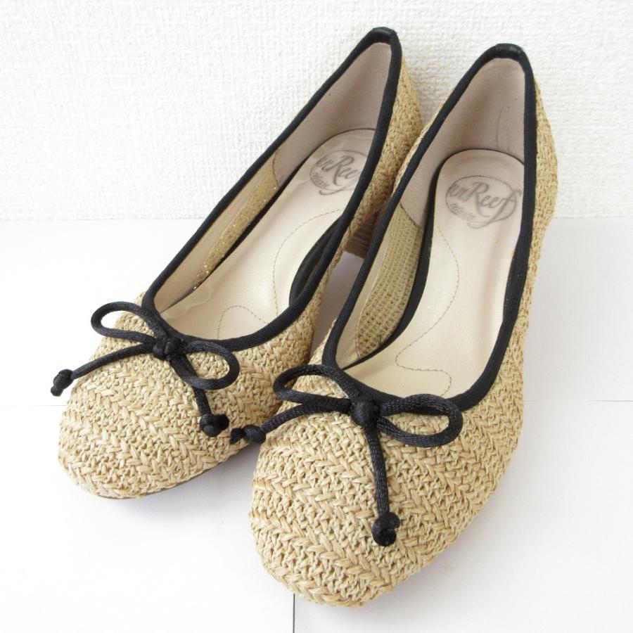 美品 unReef アンリーフ リボンモチーフ 編み込み メッシュ パンプス