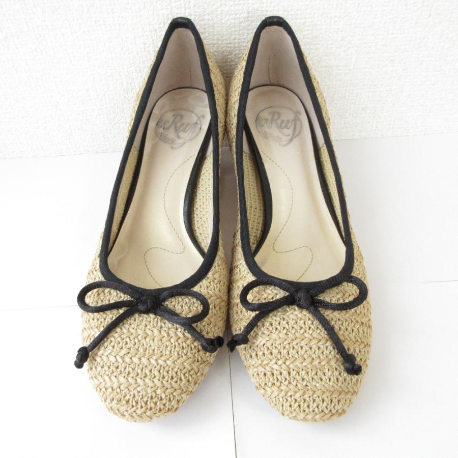 美品 unReef アンリーフ リボンモチーフ 編み込み メッシュ パンプス 