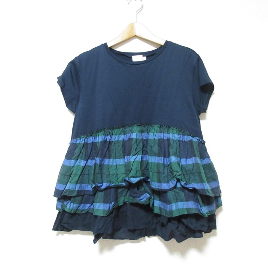 Yori 美品 ヨリ チェック フリル 半袖 トップス カットソー F ネイビー