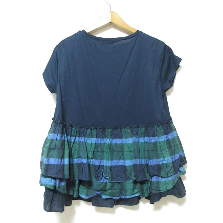 Yori 美品 ヨリ チェック フリル 半袖 トップス カットソー F ネイビー