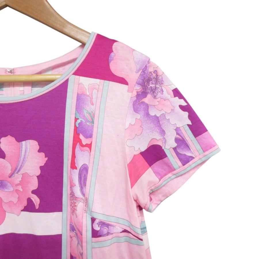 美品 LEONARD レオナール フラワープリント ショートスリーブ カットソー 38 パープル ピンク レディース 古着 中古 USED LEONARD FASHION 美品 レオナール フラワープリント ショートスリーブ
