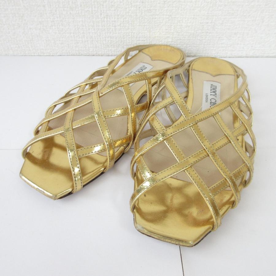 37.5　JIMMY CHOO　ジミーチュウ　フラット　ベージュ　ゴールドロゴ JIMMY CHOO（ジミーチュウ） 良品 スクエアトゥ フラット ミュール
