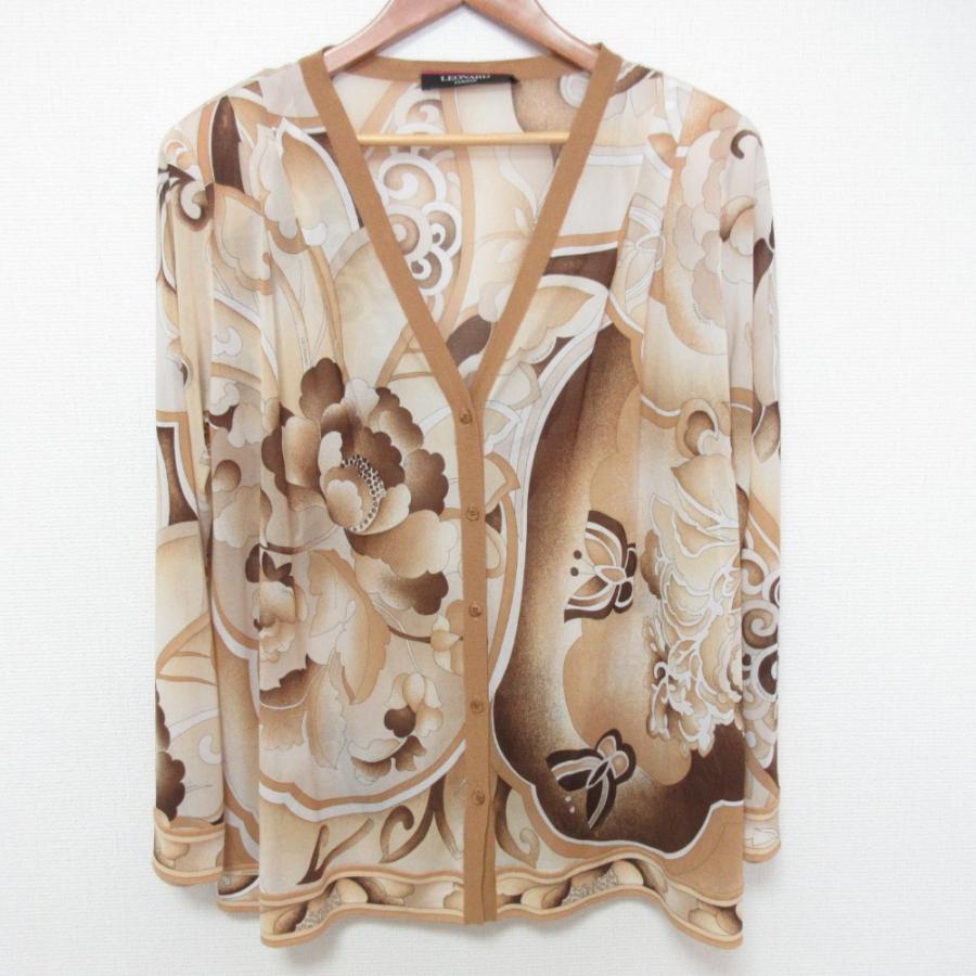 レオナール　カンカン素材　フラワープリント ベージュ系 長袖カーディガン LEONARD 美品 レオナール カンカン フラワープリント シアー