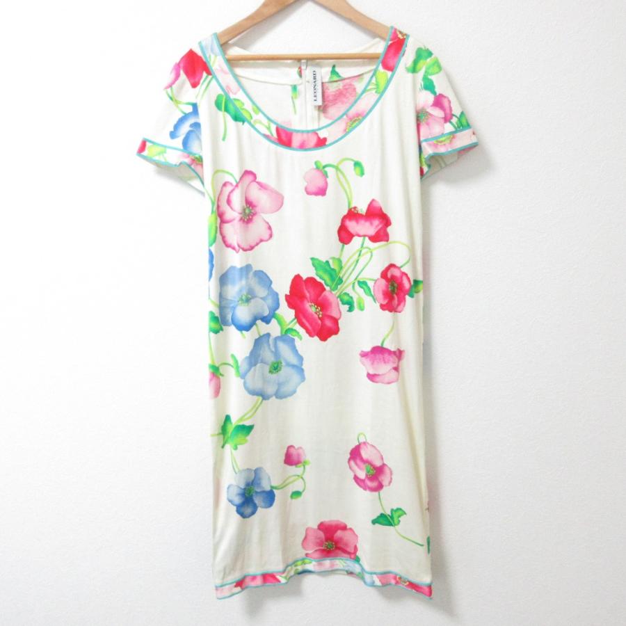 LEONARD PARIS レオナール フラワープリント 半袖 ひざ丈 ワンピース  