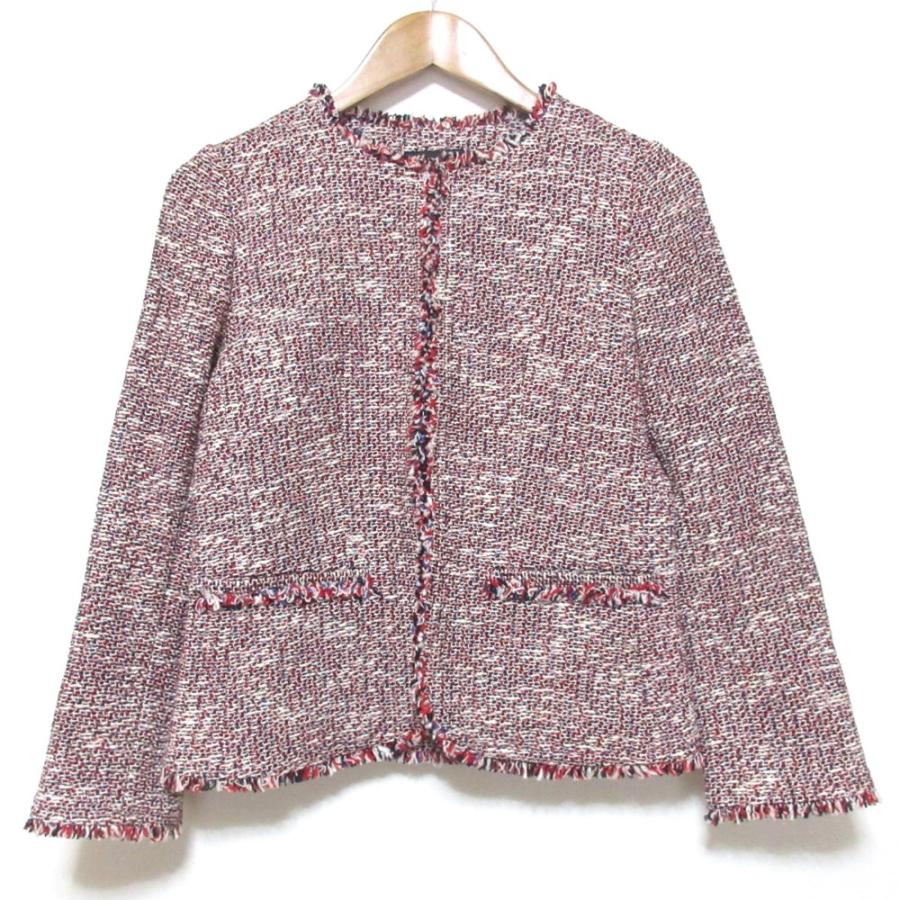 極美品★セオリー　FEMININE SLIM ノーカラー　ツイード　ジャケット4 theory（セオリー） 美品 CARMEL FEMININE SLIM JKT ツイード フリンジ