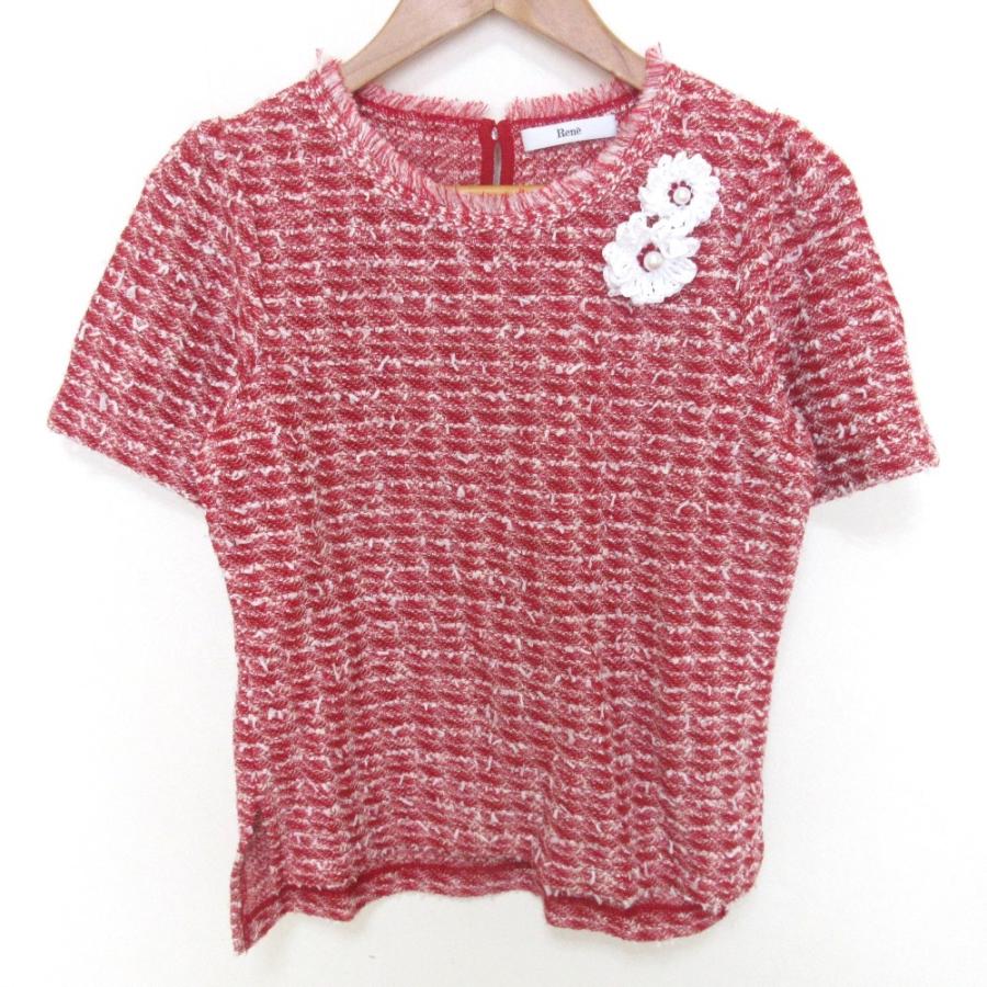 美品 25SS Rene ルネ Knit Pullover カシミヤブレンド コサージュ付き ツイード ショートスリーブ ニット 6522060 サイズ34 レッド レディース 古着 中古 USED Rene（ルネ） 美品 25SS Rene Knit Pullover カシミヤブレンド