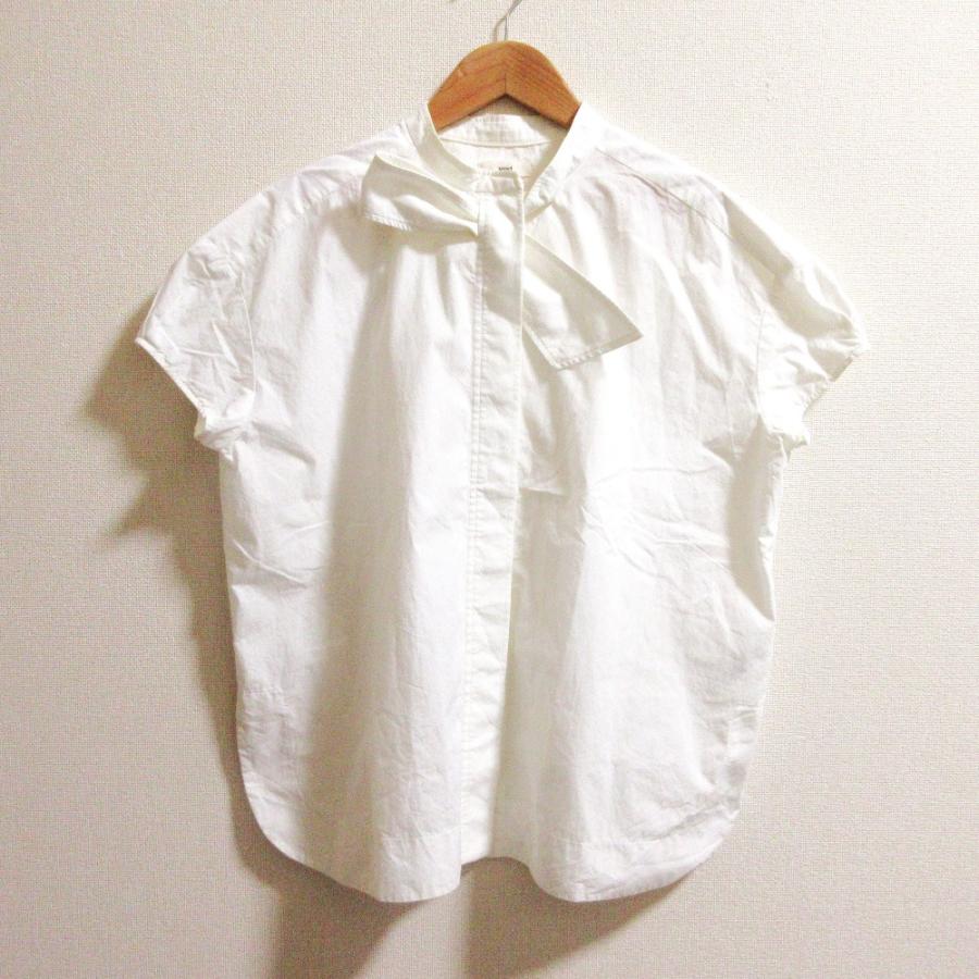 yori ヨリ　リボンタイブラウス　ホワイト半袖シャツ　36 Yori 良品 ヨリ リボンタイデザインブラウス フレンチスリーブ シャツ