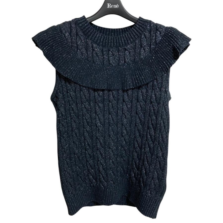 美品 24SS Rene ルネ フリルデザイン ノースリーブケーブルニット サイズ36 ネイビー レディース 古着 中古 USED Rene（ルネ） 美品 24SS Rene フリルデザイン ノースリーブケーブル