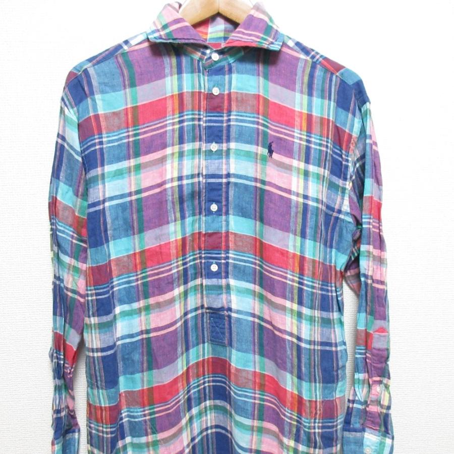 美品 ラルフローレン リネン100% チェック柄 半袖 大きめシャツ◆ブルー POLO RALPH LAUREN 美品 ポロラルフローレン チェック柄 リネン