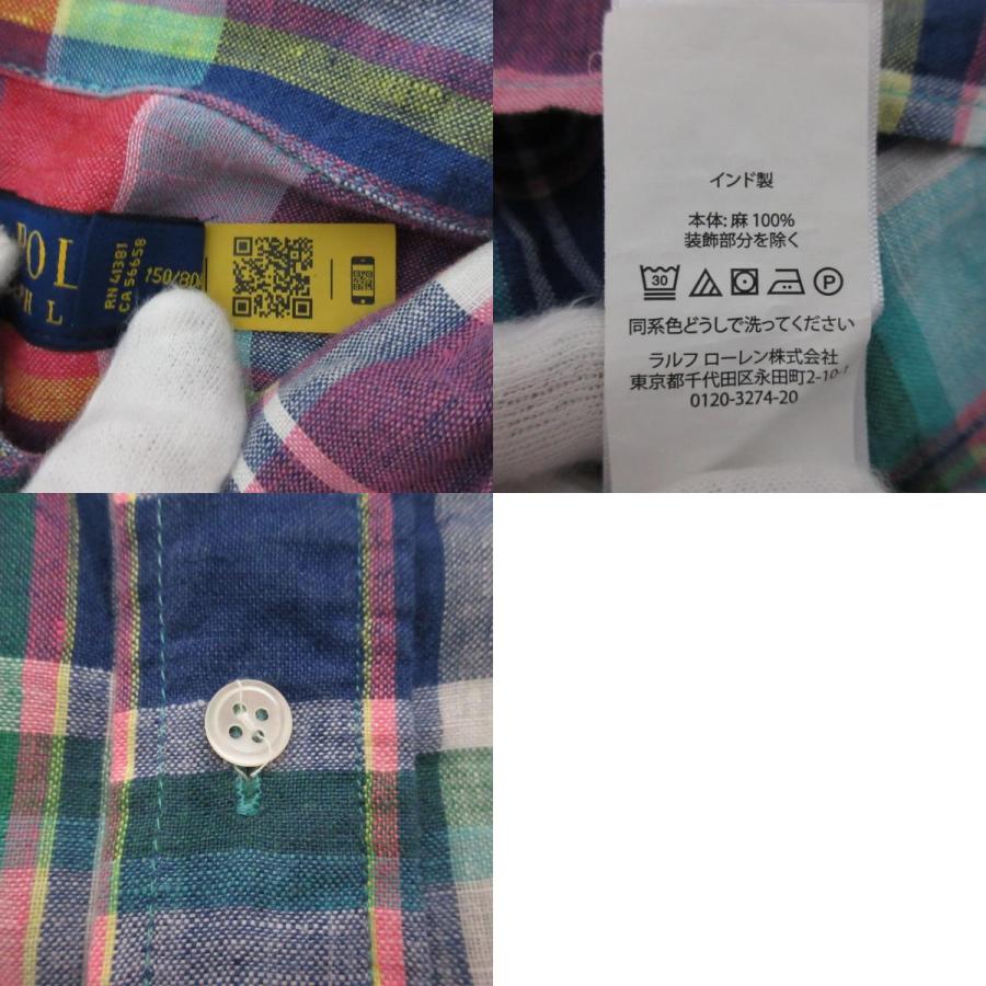美品 ラルフローレン リネン100% チェック柄 半袖 大きめシャツ◆ブルー POLO RALPH LAUREN 美品 ポロラルフローレン チェック柄 リネン