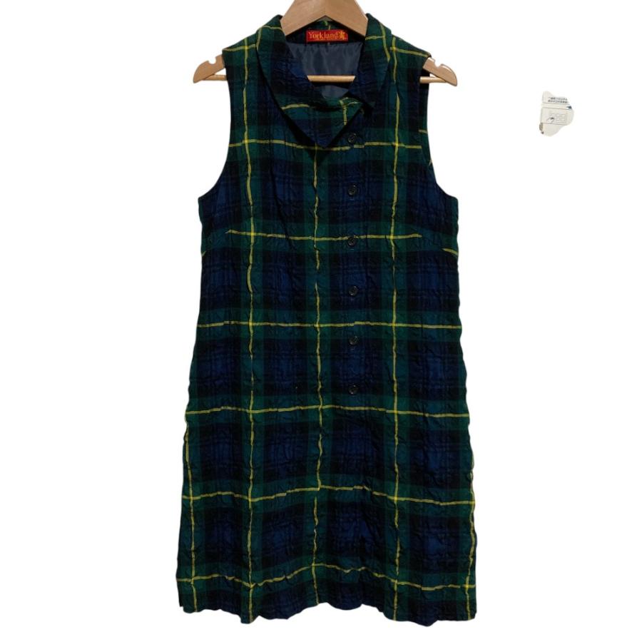 Yorklandチェック柄長袖ひざ丈ワンピース。のだめスペシャル服 美品 YORKLAND ヨークランド チェック柄 シワ加工 ノースリーブ ひざ丈