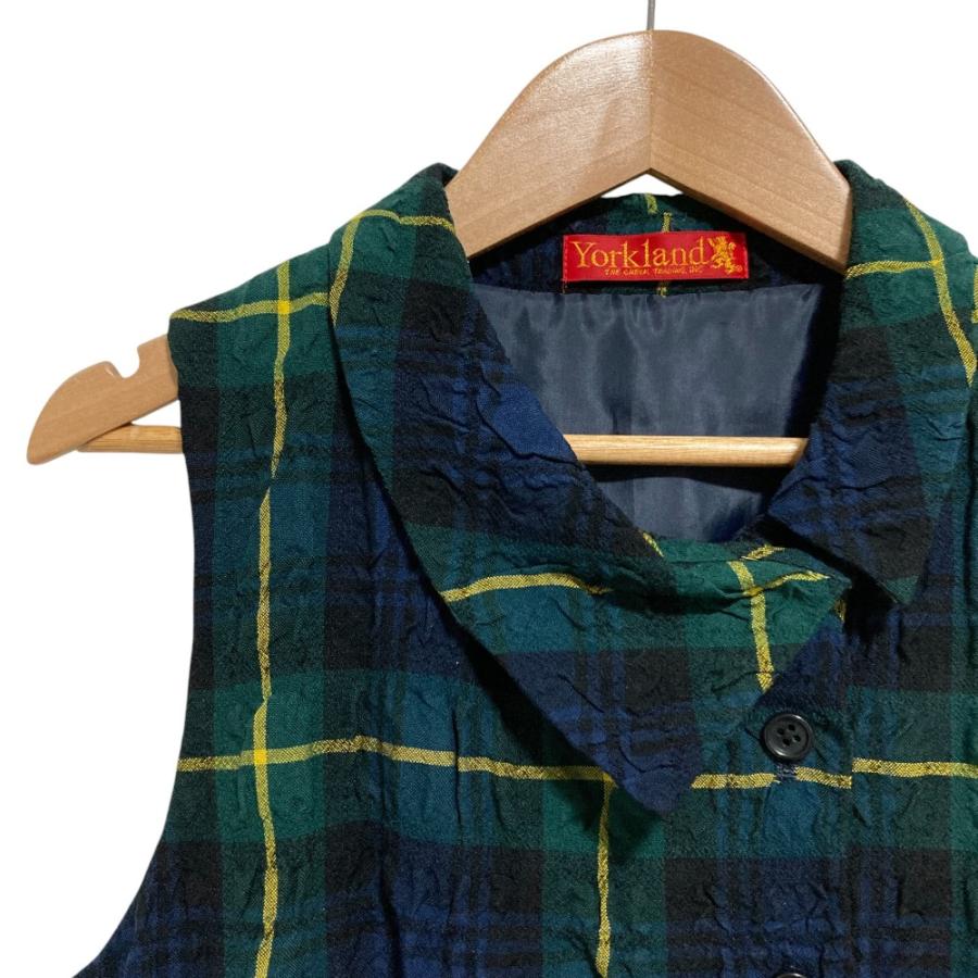 美品 YORKLAND ヨークランド チェック柄 シワ加工 ノースリーブ ひざ丈