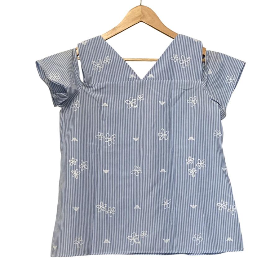 美品 アルマーニジュニア 16A ブルー ストライプ長袖シャツ ARMANI Jr（アルマーニジュニア） 美品 ARMANI JUNIOR ロゴ＆フラワー